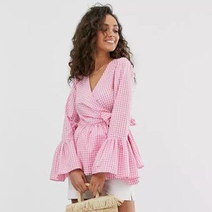 ASOS DESIGN Wrap Top in Pink Gingham